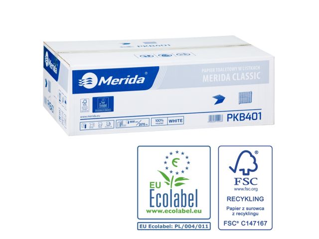 MERIDA CLASSIC toilet paper in sheets, white, V-folded, carton 9000 pcs. (40 packs of 225 pcs.), single-ply, whiteness 75%, ECOLABEL